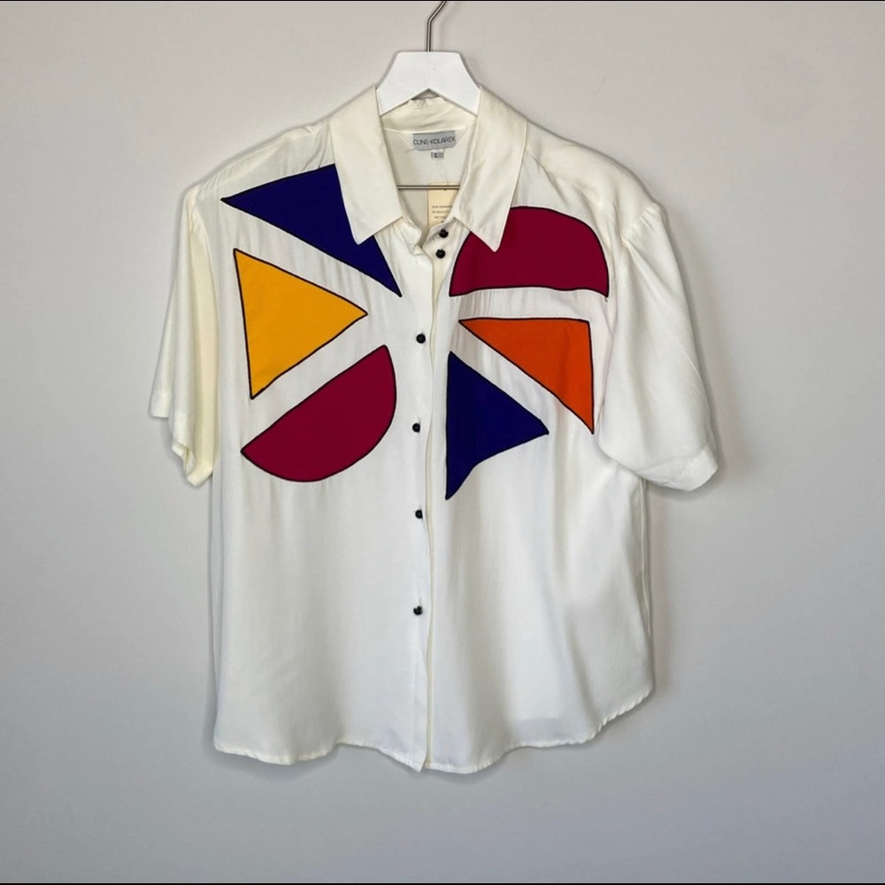 VIntage 90's Bold Pattern Colors Button Up Shirt Shoulder Pads - Women's L